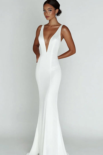 Simple White Mermaid V Neck Satin Wedding Dress